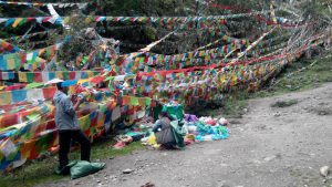 Plastic wastes piled up in the sacred mountain paths alongside lung ta—prayer flags hanging at various locations where deities travel, photo by author, 2015. 