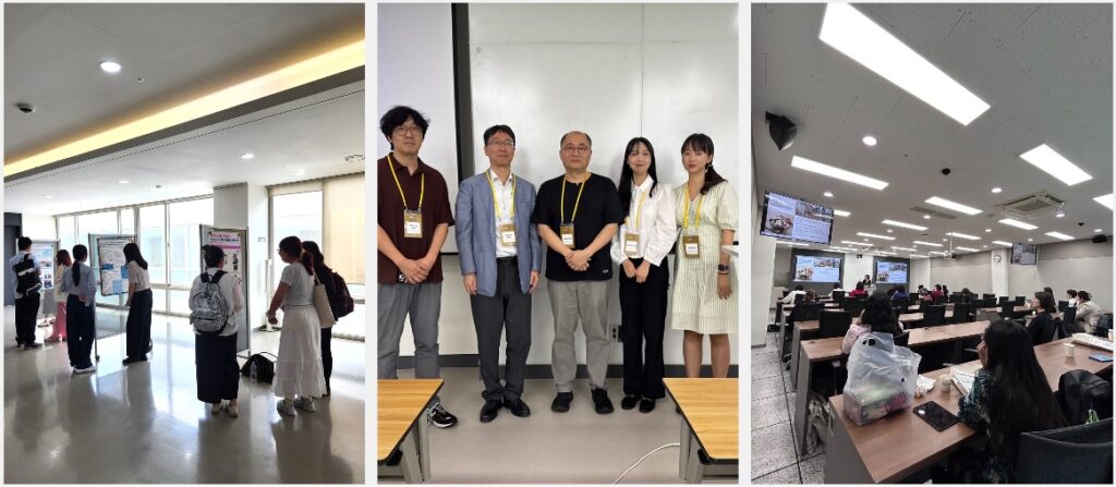 L to R: window-lit hallway of posters, 5 attendee group shot, session room with multiple screens and audience