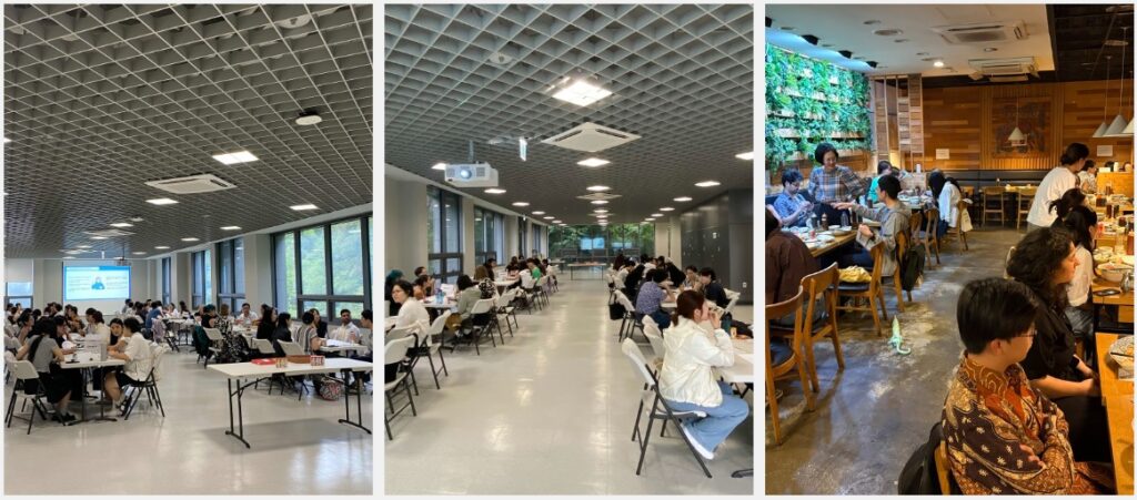 3-part photo collage of attendees around tables